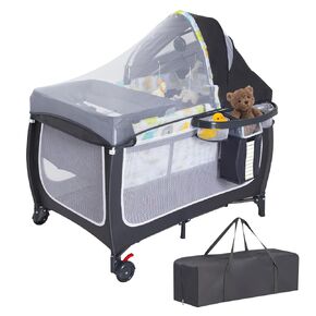 ANNA QUEEN 4 in 1 Pack and Play,Portable Baby Nursery Center Baby Playard with Bassinet &Changing Table,Foldable Baby Crib Travel Playpen with Wheels,Removable Canopy with Toys,Storage Bag (Grey)