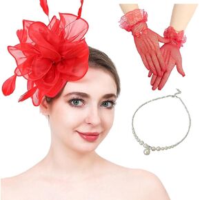 Fascinators Hat Flower Mesh Ribbons Feathers Kentucky Derby Hats Clip Hat Tea Party Headwear with Gloves for Women