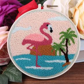 Easy DIY Craft Punch Needle Embroidery Kits Rug for Starter Kits with Stamped Color Pattern with Instruction,Yarn and Embroidery Wooden Handle Needle Pen,Hoop (Flamingo in Water)