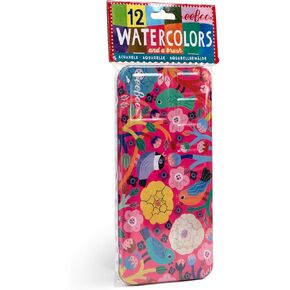 eeBoo: Birds in Fuchsia 12 Watercolors - Paint Set w Brush, Beautiful Design Tin Box, 12 Vibrant Colors, Kids Art Supplies, Ages 3+