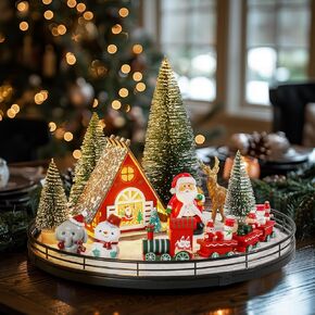 12 Pcs Christmas Table Decorations Indoor Christmas Village Sets, Winter Xmas Holiday 13" Lazy Susan with Light-up House Christmas Trees Santa Snowman Table Centerpieces Town Building Collection Décor