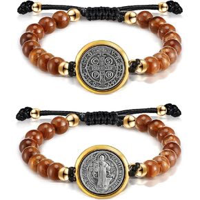 2 Pcs Medal Saint Benedict Bracelet for Women Adjustable Beaded Rosary Bracelet St Benedict Bracelets Protection Catholic Blessing Jewelry Charm Bracelets Religious Gifts for Men Women