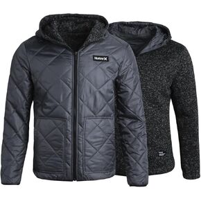 Hurley Men's Reversible Jacket - Quilted Puffer Reversible to Fleece Sweater - Warm Insulated Zip Up Jacket for Men (S-XL)