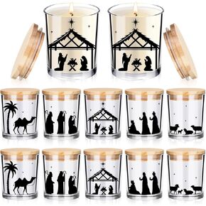 10 Pcs Christmas Glass Candle Jars Empty Containers Bulk 7 oz Glass Jars with Cork Lids Tins for Candle Making Storing Biscuits Tea Party Favors(Christmas)