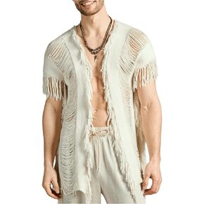 WDIRARA Men's Tassel Hem Hollow Out Vintage Cardigan Ripped V Neck Short Sleeve Casual Outerwear