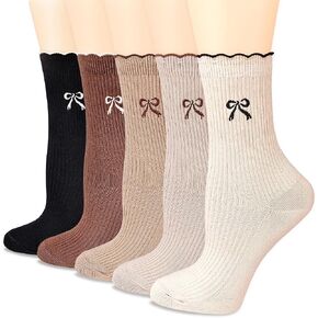 Womens Cotton Crew Socks Ankle Casual Knit Fashion Cotton Dress Sock Cute Socks Embroidery bow for Girls 5Pack
