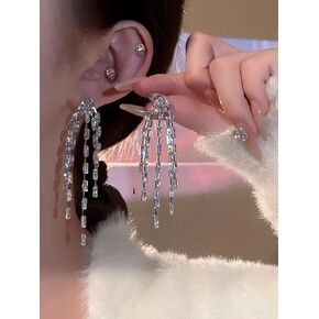 Gixaxak Fashion Long Earrings S925 Silver Needle Earrings Zircon S925 Silver Pin Stud Tassel Eardrop Silver Dangle Earrings Long Tassel Earrings Wedding Prom Earrings Silver Zircon Tassel Earrings