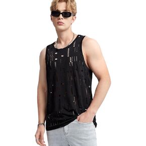 WDIRARA Men's Hollow Out Cut Out Tank Top Round Neck T Shirt Crewneck Sleeveless Tee