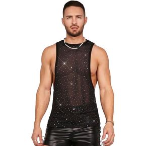 WDIRARA Men's Contrast Sequin Sleeveless Tank Top Mesh Solid Tanks See Through Party Tops