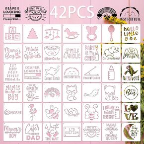 42 Pieces Baby Shower Painting Templates Mixed Phrase Printing Templates 4 Inch Reusable Cute Bodysuit Painting Stencils Critter Stencils for Painting Baby Bibs Clothes