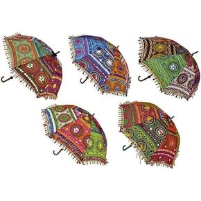 Bindni 5 Pack Indian Handmade Designer Cotton Fashion Multi-Colored Umbrella Embroidery Boho Umbrellas Parasol