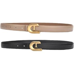 2 Pack Leather Thin Belts For Womens Skinny Waist Belt For Dresses Jeans Pants with Gold Alloy Buckle ﻿
