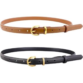 Women's Belts 2 Pack Skinny Leather Waist Belt for Jeans Dresses Pants Fashion Ladies Thin Belt with Gold Buckle