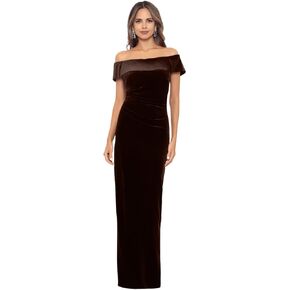 Xscape Women's Velvet Off-The-Shoulder Popover Maxi Dress with Zippered Back Closure