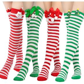 Women 4 Pairs Green Red and White Striped Socks Christmas Thigh-high Socks High Socks with Bow Over Knee Stockings Cosplay Socks