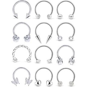 12Pcs 16G Septum Rings Surgical Steel Smiley Piercing Jewelry Septum Jewelry Daith Earrings for Women Men Horseshoe Hoop Earring CZ Heart Butterfly Flower - Inner Diameter:10mm