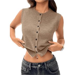 GORGLITTER Women's Button Down Knit Sweater Vest Sleeveless Crewneck Crop Cardigan