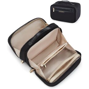 BAGSMART Travel Makeup Bag Large Capacity Cosmetic Bag, Wide-open Portable Make Up Bag Organizer for Women for Travel Essentials Travel-Size Toiletries Accessories Bottles, Brushes (Beige)
