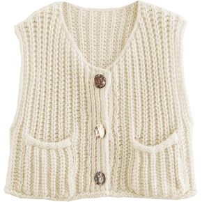 Baonmy Women’s Cropped Sweater Vest Button Down Sleeveless Crop Casual Chunky Knit Cardigan Vest with Pocket