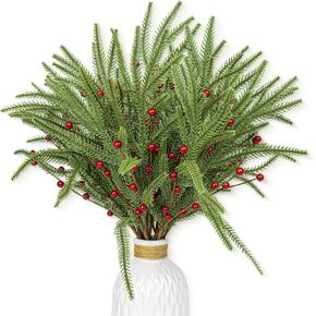 20 PCS Christmas Tree Branches 17 Inch Artificial Berry Stems with Pine Needle Red Berry Picks for Xmas Tree Ornaments Floral Arrangements Centerpieces Christmas DIY Crafts