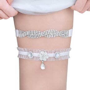 Campsis Wedding Bridal Garter White Stretchy Rhinestones Garter Set for Wedding Crystal Diamond Pendant Lace Bride Garters Belt Prom Bachelorette Party for Women and Girls 2PCS
