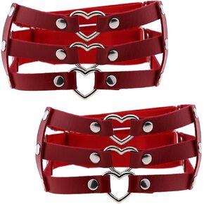 FM FM42 Multicolor PU Simulated Leather Rivets Love Heart Ring 3-Layer Adjustable Leg Ring Elastic Garter, Pack of 2 PCs