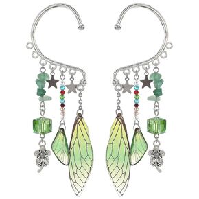Renaissance Elf Fairy Ear Cuffs - Green Strawberry Quartz Elf Ear Cuffs with Dragonfly Wings Tassel Fairy Ears Elven Ear Climbers No Piercing for Adult Women Renfaire Christmas Halloween Accessories