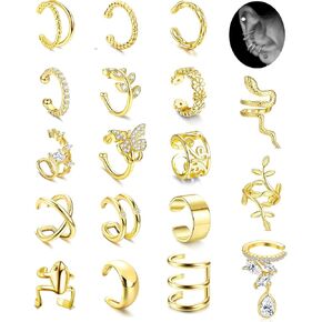 Fansilver 18Pcs Ear Cuff Earrings for Women Non Piercing Gold Ear Cuffs 14K Gold Plated Earring Cuffs for Non Pierced Clip On Cartilage Earrings Adjustable Fake Earrings Lightweight