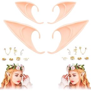 Elf Ears 2Pairs with Earrings Set, Halloween Fairy Pixie Soft Pointed Ear with Gold Hoop Pearl Earrings Chain Set,Christmas Party Dress Up Vampire Accessories