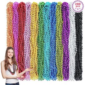 144PCS Mardi Gras Beads, 12 Colors Mardi Gras Beads Bulk, 33'' 7mm Mardi Gras Beads Necklaces, Metallic Beaded Necklaces for Party Costume Matching, Mardi Gras Parades Throw, Dress-up Events