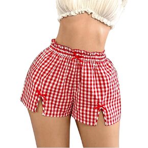 Women's Y2K Gingham Wide Leg Slit Track Shorts Elastic High Waist Bow Front Summer Baggy Shorts