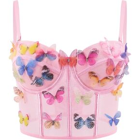 Testudineus Women Chic Butterfly Embroidered Corset Top Spaghetti Strap Sheer Mesh Push Up Bustier Bralette