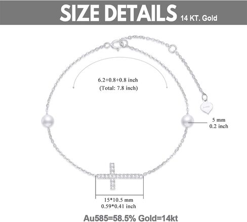 SISGEM Real 14k Gold Diamond Cross Bracelet for Women, Pearl Religious Jewelry Gifts for Her, 6.8-8.4 Inch (0.14 ct) in Saudi Arabia