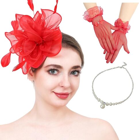 Fascinators Hat Flower Mesh Ribbons Feathers Kentucky Derby Hats Clip Hat Tea Party Headwear with Gloves for Women in Saudi Arabia