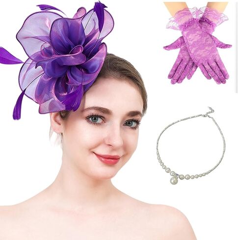 Fascinators Hat Flower Mesh Ribbons Feathers Kentucky Derby Hats Clip Hat Tea Party Headwear with Gloves for Women in Saudi Arabia