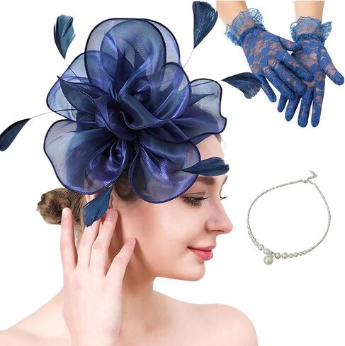 Fascinators Hat Flower Mesh Ribbons Feathers Kentucky Derby Hats Clip Hat Tea Party Headwear with Gloves for Women in Saudi Arabia