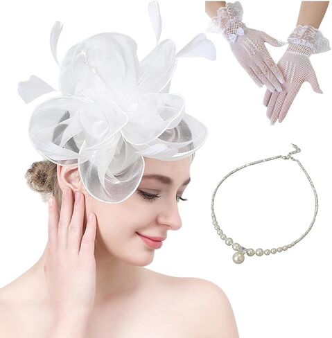 Fascinators Hat Flower Mesh Ribbons Feathers Kentucky Derby Hats Clip Hat Tea Party Headwear with Gloves for Women in Saudi Arabia