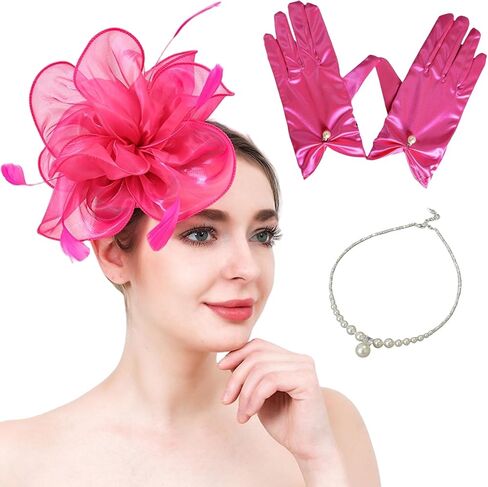 Fascinators Hat Flower Mesh Ribbons Feathers Kentucky Derby Hats Clip Hat Tea Party Headwear with Gloves for Women in Saudi Arabia