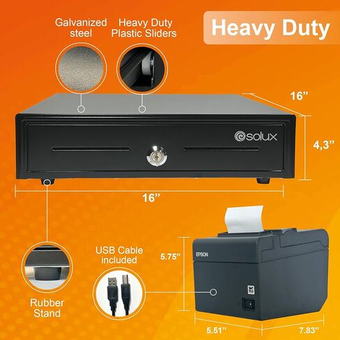 SOLUX POS Hardware Bundle for Square System - 16" Square Cash Drawer - Square Thermal Receipt Printer - Square POS Systems for Small Business - Cash Register with Receipt Printer Square Compatible in Kuwait