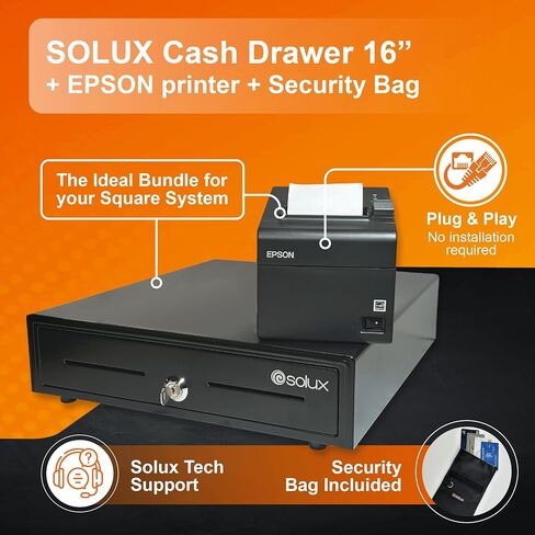 SOLUX POS Hardware Bundle for Square System - 16" Square Cash Drawer - Square Thermal Receipt Printer - Square POS Systems for Small Business - Cash Register with Receipt Printer Square Compatible in Kuwait