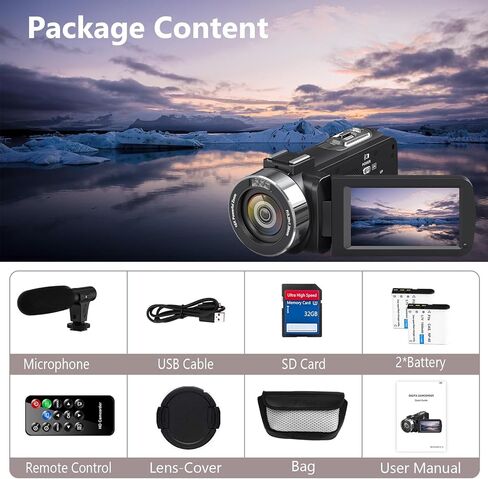 كاميرا فيديو DINGETU 4K كاميرا فيديو فائقة الدقة 48 ميجابكسل 18X تكبير كاميرا تسجيل رقمية لليوتيوب، شاشة لمس 3.0 بوصة مع جهاز تحكم عن بعد، بطاريتان وبطاقة SD سعة 32 جيجابايت in Kuwait