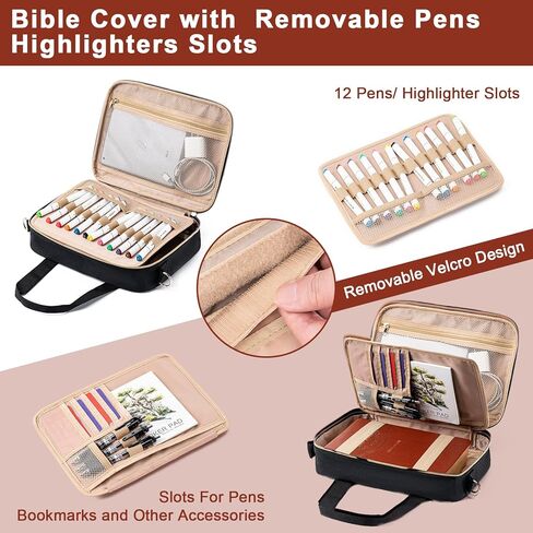 Bible Cover for Women, Large Bible Case with Detachable Pen Slot Shoulder Strap, Bible Carrying Case for Girls Study Bible, Black in Kuwait