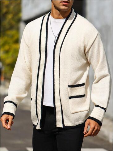 GORGLITTER Men's Open Front Pocket Patched Cardigan Contrast Binding Long Sleeve Knit Outerwear in Saudi Arabia