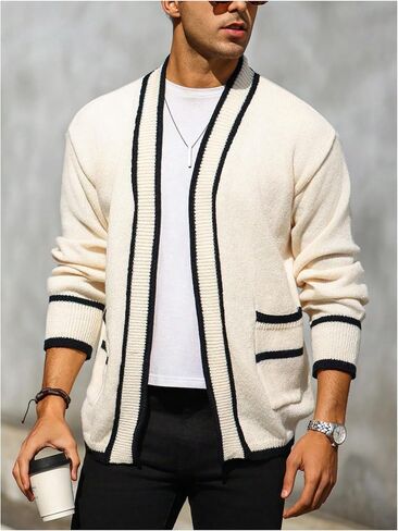 GORGLITTER Men's Open Front Pocket Patched Cardigan Contrast Binding Long Sleeve Knit Outerwear in Saudi Arabia