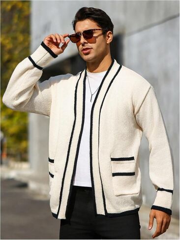 GORGLITTER Men's Open Front Pocket Patched Cardigan Contrast Binding Long Sleeve Knit Outerwear in Saudi Arabia