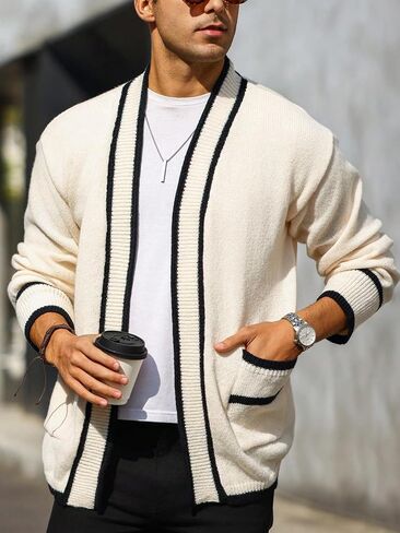 GORGLITTER Men's Open Front Pocket Patched Cardigan Contrast Binding Long Sleeve Knit Outerwear in Saudi Arabia