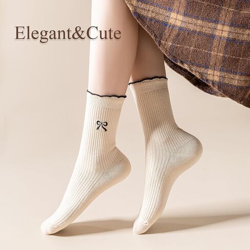 Womens Cotton Crew Socks Ankle Casual Knit Fashion Cotton Dress Sock Cute Socks Embroidery bow for Girls 5Pack in Kuwait