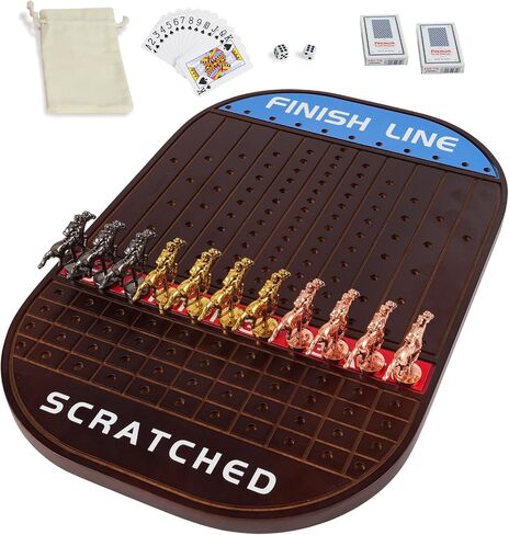 Horse Race Board Game Racing Game Thickened Solid Wood with 11 Luxurious Durable Classic Metal Horses with 4 Dice and 2 Boxes of Cards Horse Racing Game (Red Peach)… in Saudi Arabia