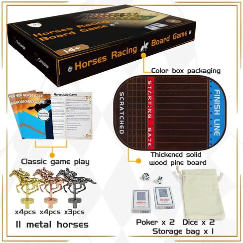 Horse Race Board Game Racing Game Thickened Solid Wood with 11 Luxurious Durable Classic Metal Horses with 4 Dice and 2 Boxes of Cards Horse Racing Game (Red Peach)… in Saudi Arabia