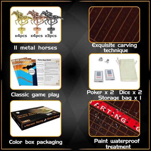 Horse Race Board Game Racing Game Thickened Solid Wood with 11 Luxurious Durable Classic Metal Horses with 4 Dice and 2 Boxes of Cards Horse Racing Game (Red Peach)… in Saudi Arabia